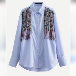Zara Blue and White Striped Shirt With Tweed Patches And Fringe Size M